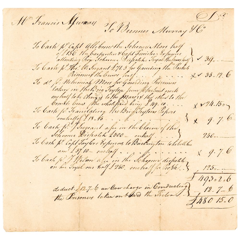 Appraisal: c Revolutionary War PRIVATEERS Statement of Accounts Manuscript Document American