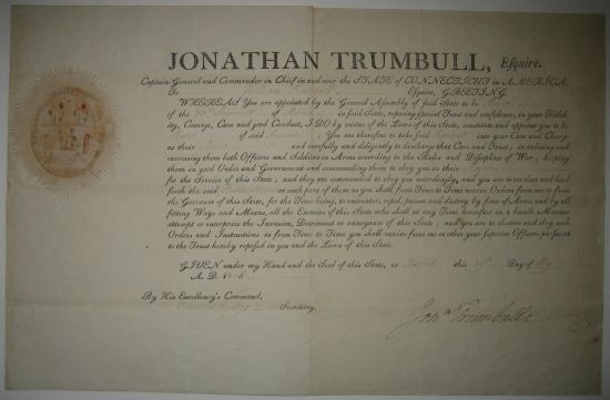 Appraisal: TRUMBULL JONATHAN Partly-printed Document Signed Jon'n Trumbull as Governor of