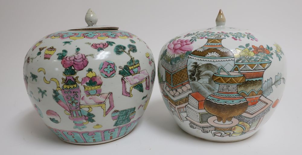 Appraisal: Two Famille Rose Covered Ginger Jars Each enamelled with vases