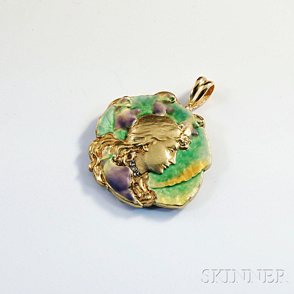 Appraisal: Art Nouveau kt Gold Diamond and Enameled Pendant the pendant