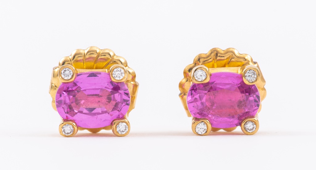 Appraisal: K YELLOW GOLD PINK SAPPHIRE DIAMOND EARRINGS Pair of K