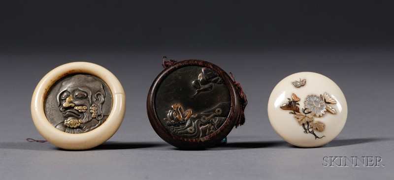 Appraisal: Three Netsuke th century two kamigabuta of mixed metals ivory