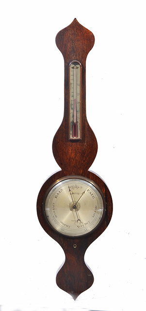 Appraisal: A VICTORIAN ROSEWOOD ONION TOP WHEEL BAROMETER the silvered dial