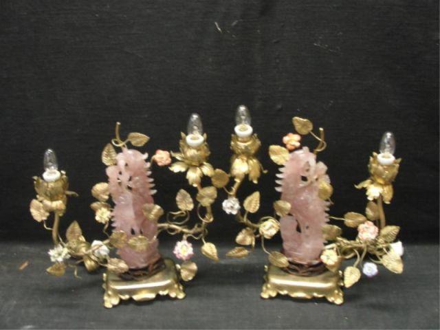 Appraisal: Pair of Pink Jade and Gilt Metal Candelabra From a