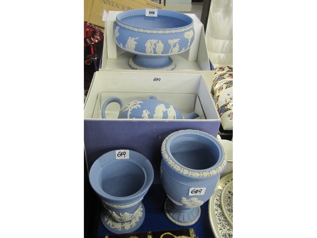 Appraisal: Four pieces of Wedgwood blue Jasperware including teapot and Imperial