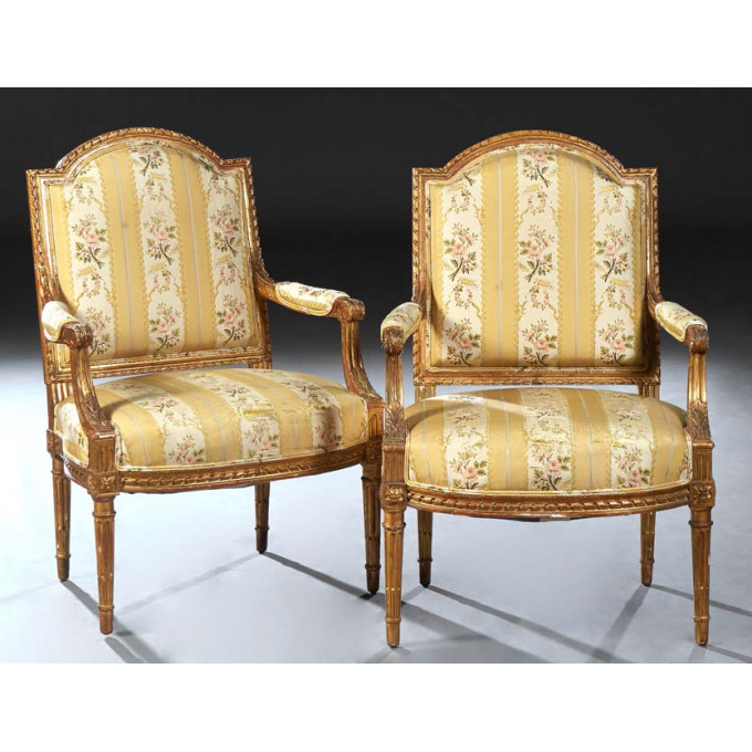 Appraisal: Pair of Louis XVI Style Gilt and Gesso Fauteuils early