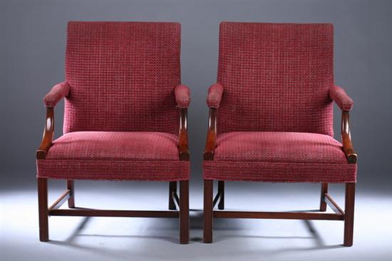 Appraisal: PAIR CHIPPENDALE STYLE MAHOGANY UPHOLSTERED ARM CHAIRS th century with