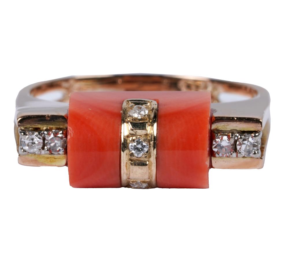 Appraisal: KARAT YELLOW GOLD CORAL DIAMOND RINGcontaining one carved and drilled