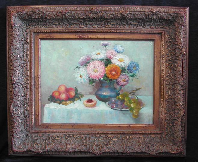 Appraisal: American School th Century Tabletop Still Life with Chrysanthemums and