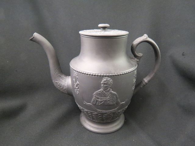 Appraisal: Wedgwood Basalt Coffee pot with Wellington and crest decor early