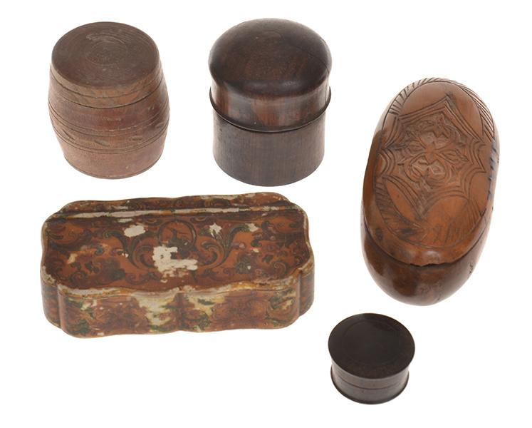 Appraisal: FIVE TH CENTURY CONTINENTAL SNUFF BOXES INCL WOOD CARVED