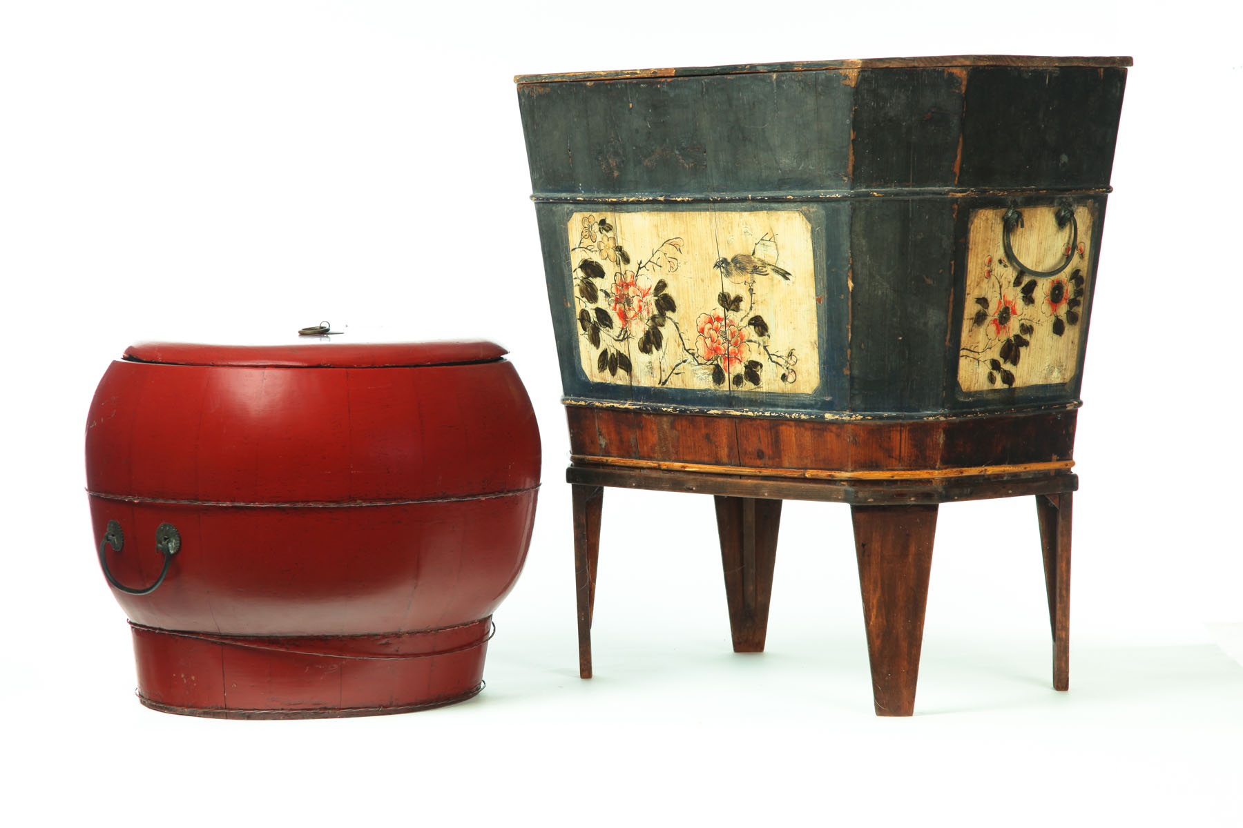 Appraisal: TWO WOODEN COVERED CONTAINERS China th century Round red lacquered