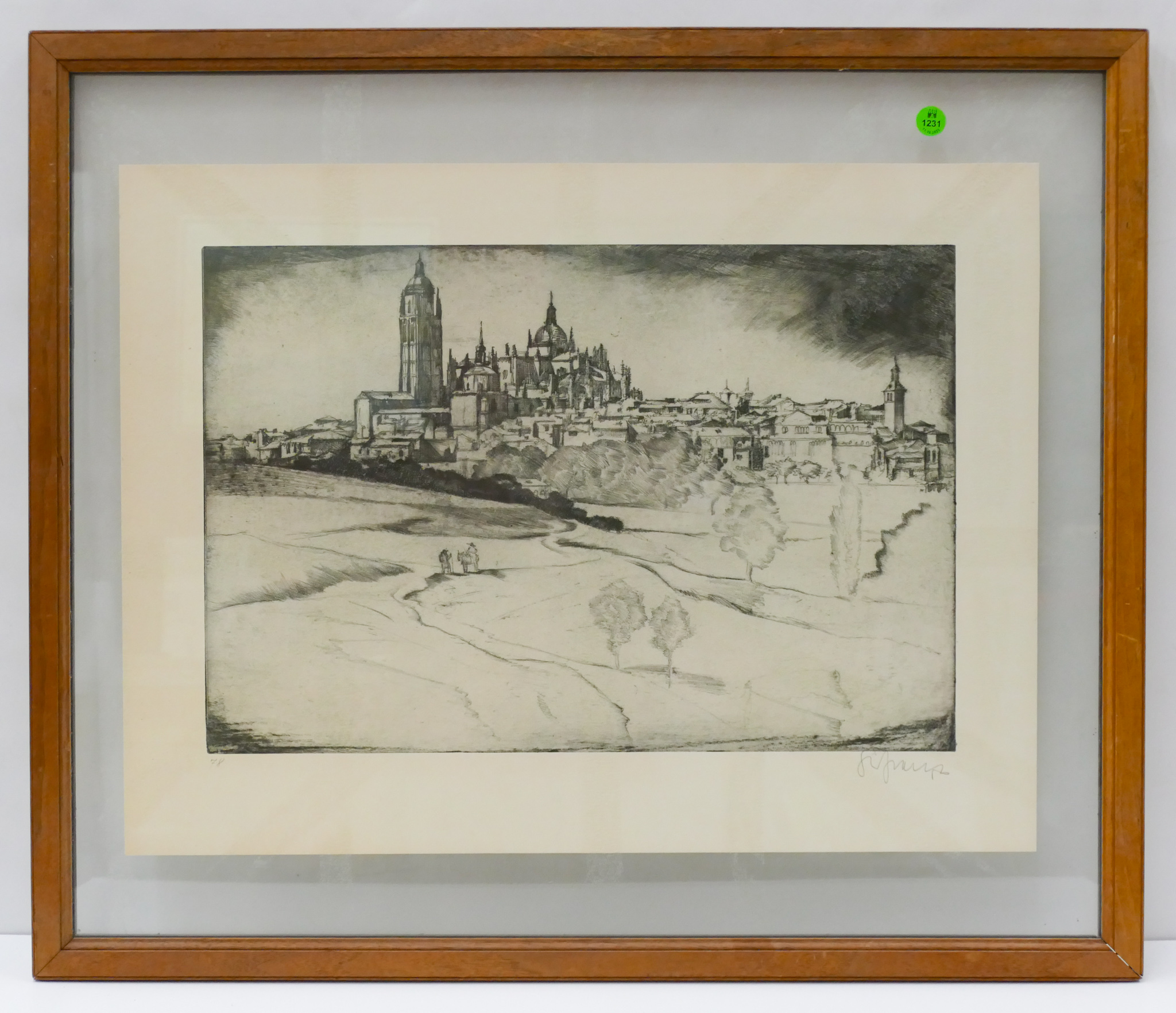 Appraisal: View of Segovia Spain Etching Framed ''x '' - Illegibly