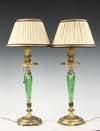 Appraisal: LAMPS - Pair of gilt bronze and green cut glass