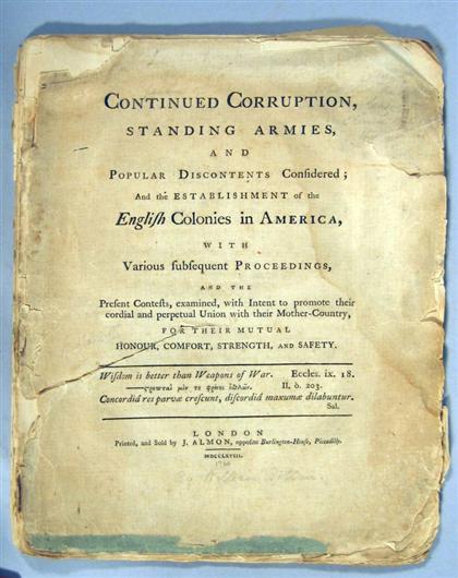 Appraisal: vols Americana Bollan William Continued Corruption Standing Armies and Popular