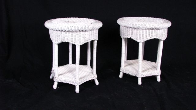 Appraisal: Two White Painted Antique Wicker Round End Tables