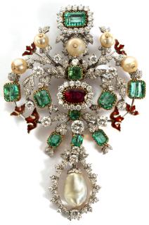 Appraisal: ANTIQUE GOLD RUBY EMERALD DIAMOND PEARL BROOCH ANTIQUE KT WHITE