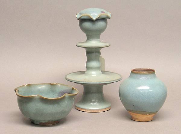 Appraisal: A group of three Jun style stoneware vessels th Century