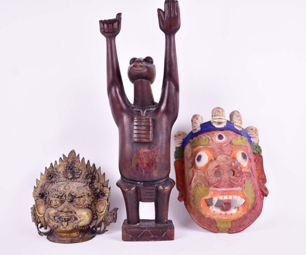 Appraisal: THREE ETHNOGRAPHIC ITEMSModern Comprising an African carved wood figure an