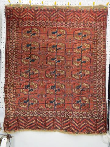 Appraisal: Turkman Persian Handmade Rug geometrics reds blues and ivory '