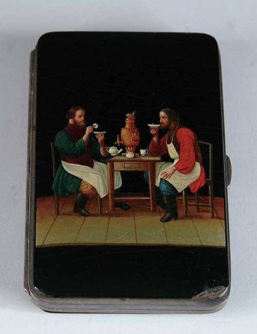 Appraisal: RUSSIAN LACQUER AND SILVER CIGARETTE CASE Lacquer top with scene