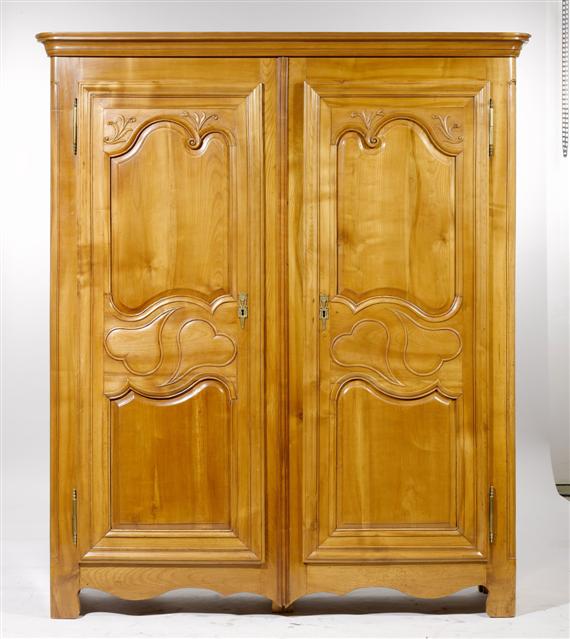 Appraisal: A FRIBOURG WEDDING CUPBOARD Transition Carved and molded cherry Brass