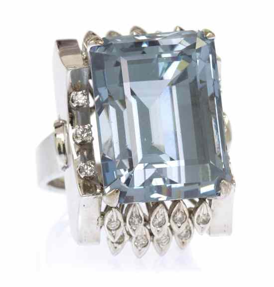 Appraisal: A Karat White Gold Simulated Aquamarine and Diamond Ring containing