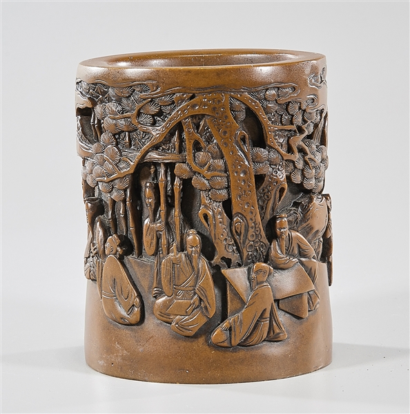 Appraisal: Chinese carved soapstone brush pot depicting figures in a wooded