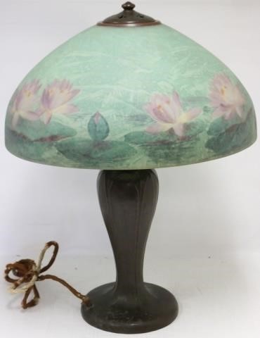 Appraisal: SIGNED HANDEL REVERSE PAINTED LAMP WITH WATERLILIES ON SHADE AND