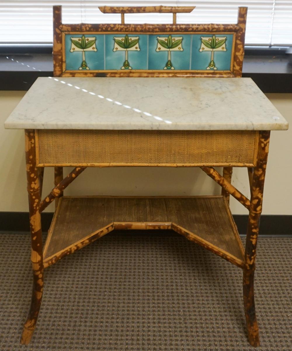 Appraisal: Rattan and Tile Inset Marble Top Wash Stand x x