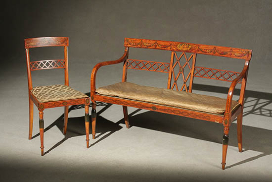 Appraisal: Edwardian Polychrome Decorated Satinwood Two-Chair Back Settee and a Side