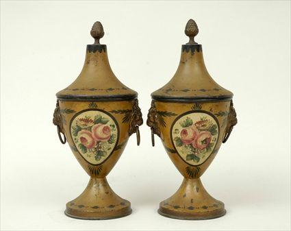 Appraisal: Pair of T le-Peinte Covered Urns in in diam