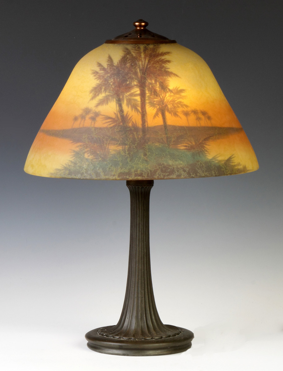 Appraisal: Handel Reverse Painted Lamp - Tropical Sunset Scene Shade Sgn