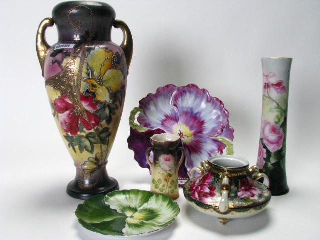 Appraisal: Group of hand-painted porcelain items including inch handled vase with