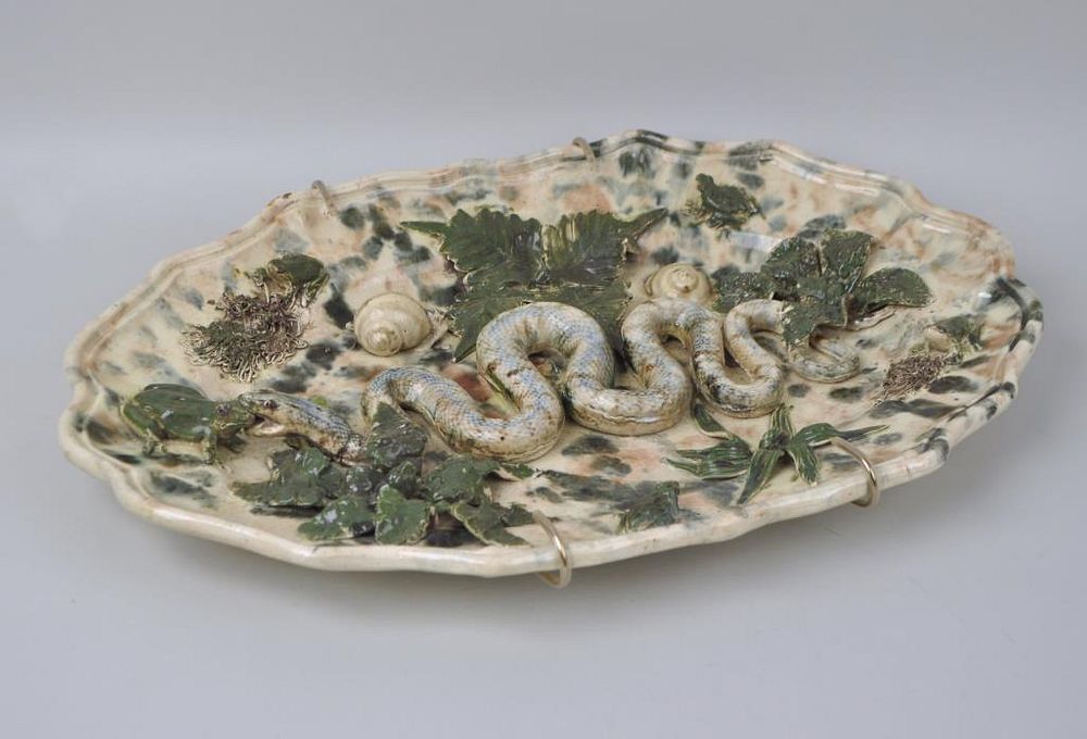 Appraisal: Felix Tardieu Menton Palissy Style Platter with applied snake snails