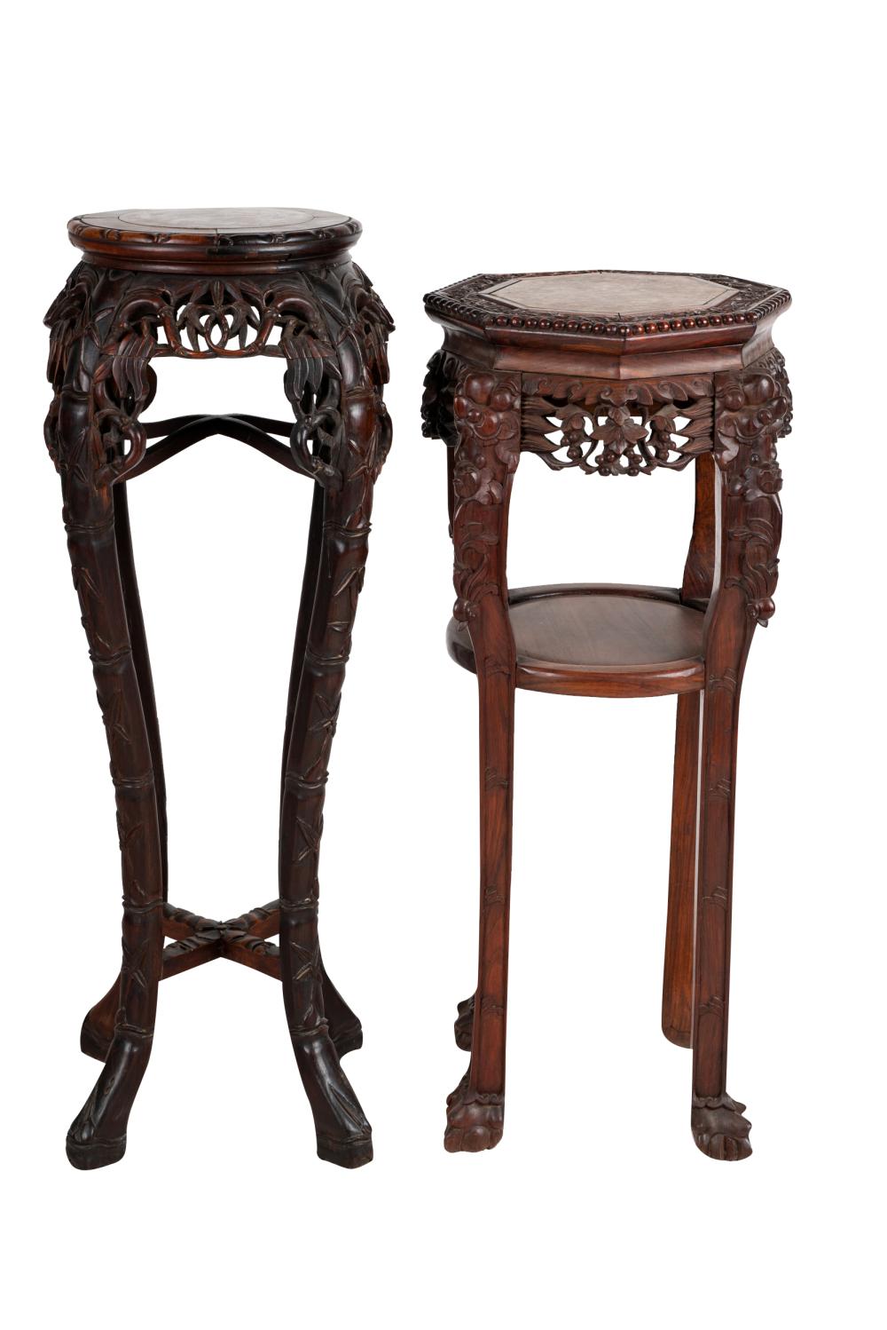 Appraisal: TWO CHINESE CARVED WOOD PEDESTALSeach with inset marble top of