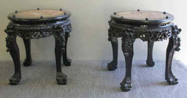 Appraisal: Pair of Carved Wood Chinese Marbletop Tables Of great quality