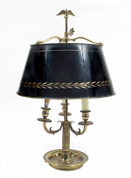 Appraisal: A brass bouillotte lamp with tole shade height in