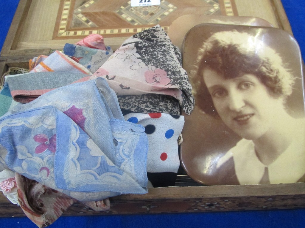 Appraisal: Lot comprising parquetry inlaid box silk hankies and portrait plaques