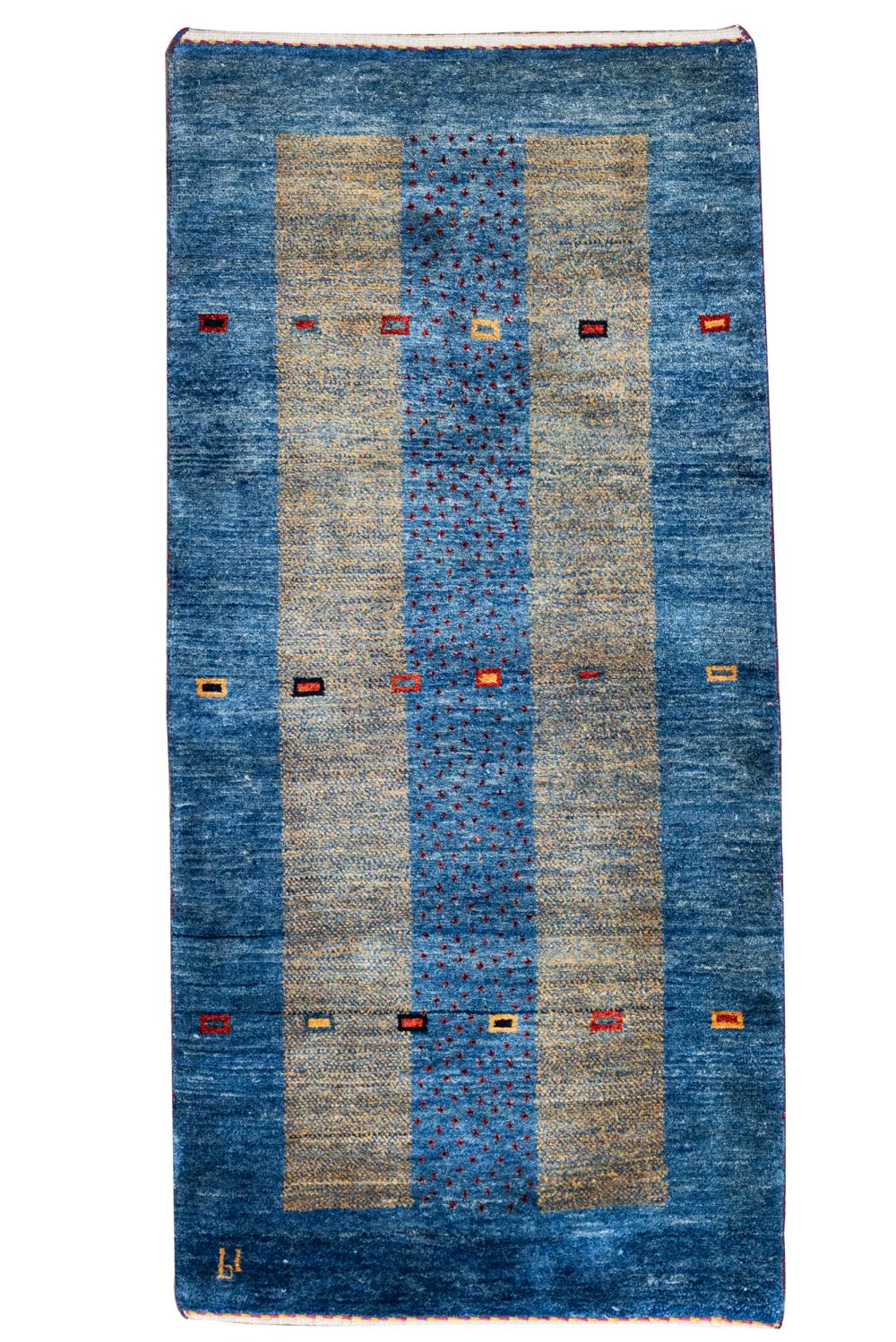 Appraisal: CONTEMPORARY WOOL RUGblue with yellow bands and geometric motifs in