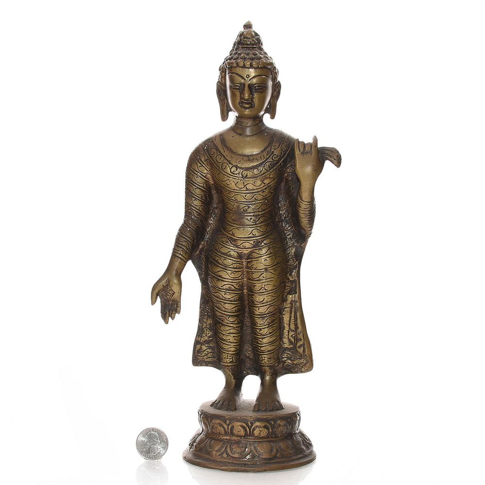 Appraisal: ANTIQUE BRONZE STATUE OF STANDING BUDDHA Buddha wearing robe on