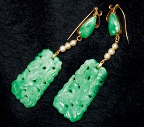 Appraisal: PAIR JADEITE PENDANT EARRINGS Pair yellow gold and pearl mounted