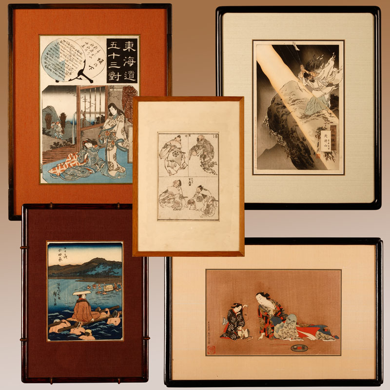 Appraisal: A group of five framed Japanese woodblock prints and lithographs