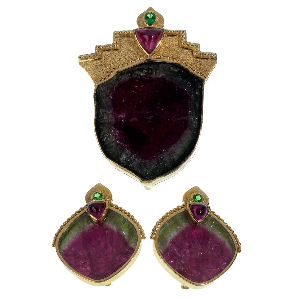 Appraisal: PAULA CREVOSHAY K YELLOW GOLD AND TOURMALINE CLIP-ON EARRINGS AND