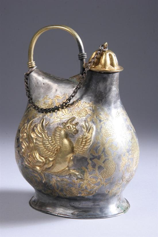 Appraisal: CHINESE GILT SILVER FLASK Tang Dynasty or later Repouss with