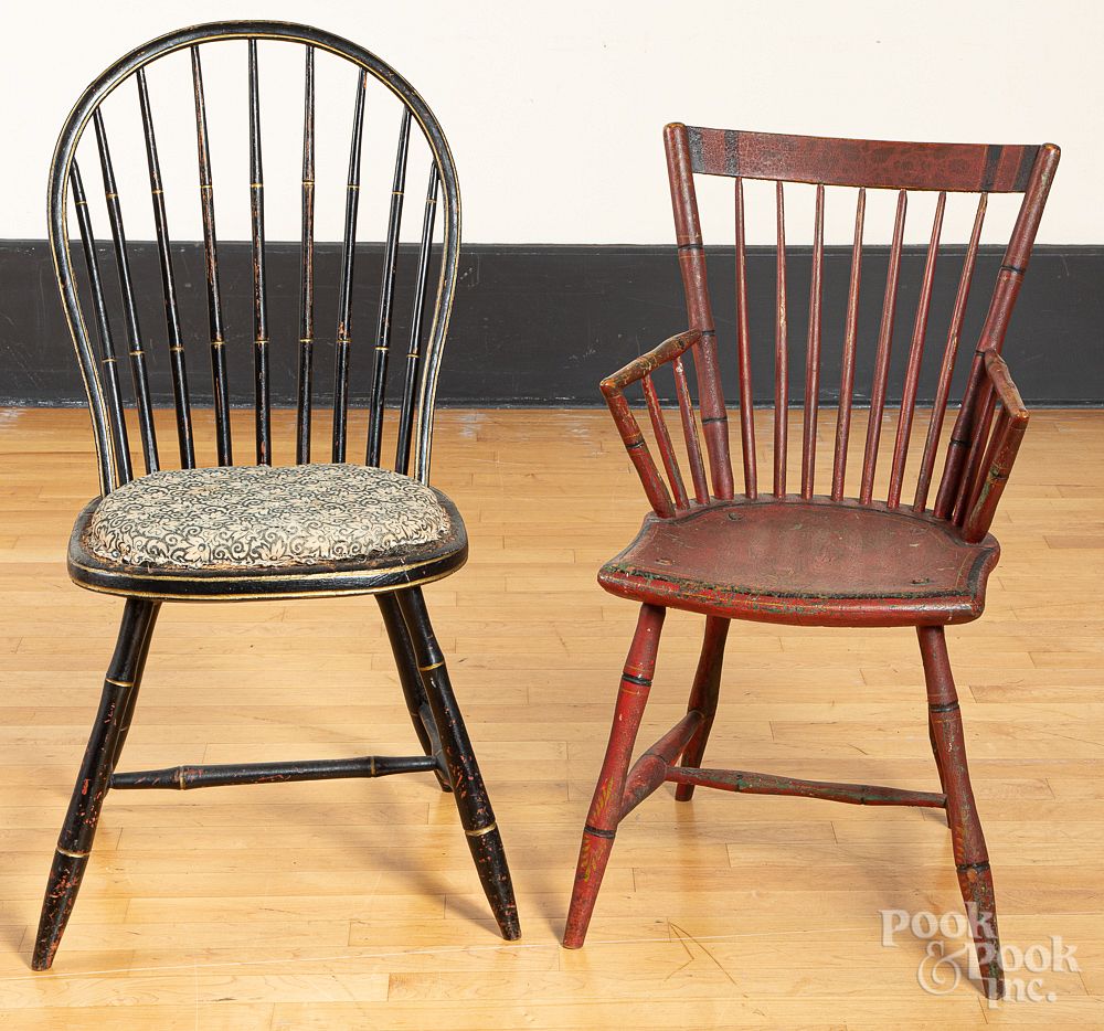 Appraisal: Three painted Windsor chairs etc Three painted Windsor chairs together