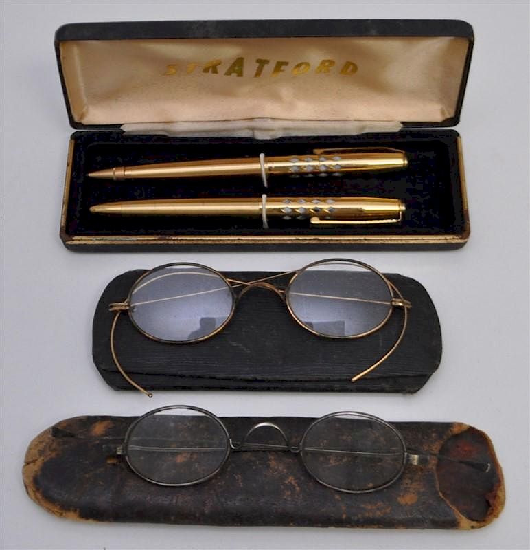 Appraisal: pc ANTIQUE SPECTACLES PEN SET - Antique Wire Rim Spectacles