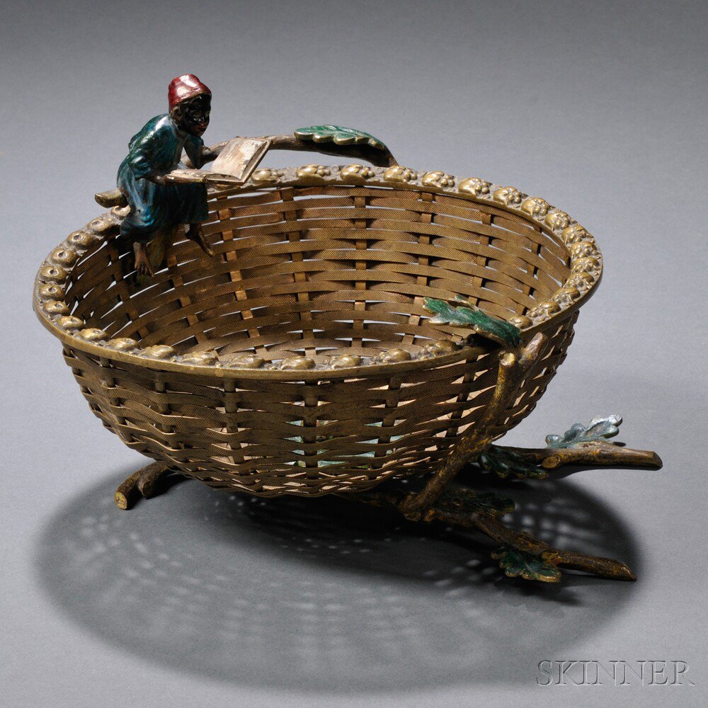 Appraisal: Vienna Cold-painted Bronze Figural Basket Austria early th century the