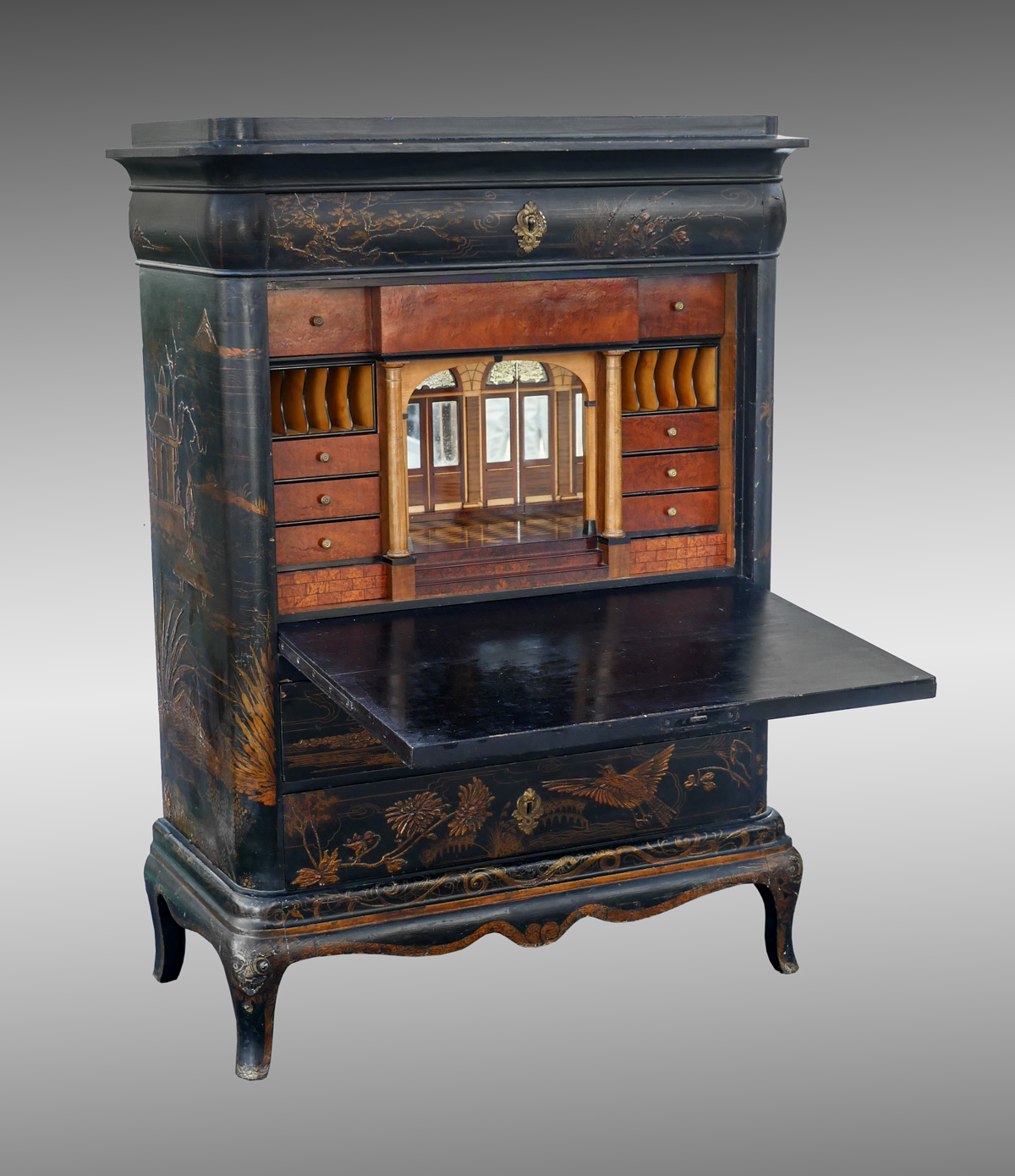 Appraisal: CHINOISERIE DROP FRONT LACQUERED FIGURAL DESK Single drawer over drop