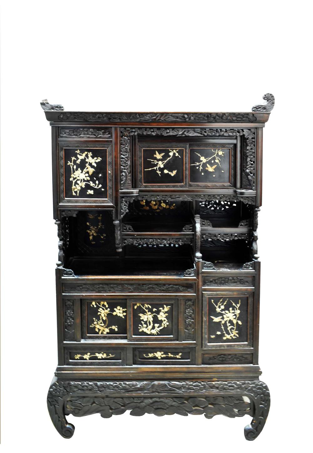 Appraisal: JAPANESE BONE MOUNTED EBONIZED WOOD CABINETEarly th Century Carved allover